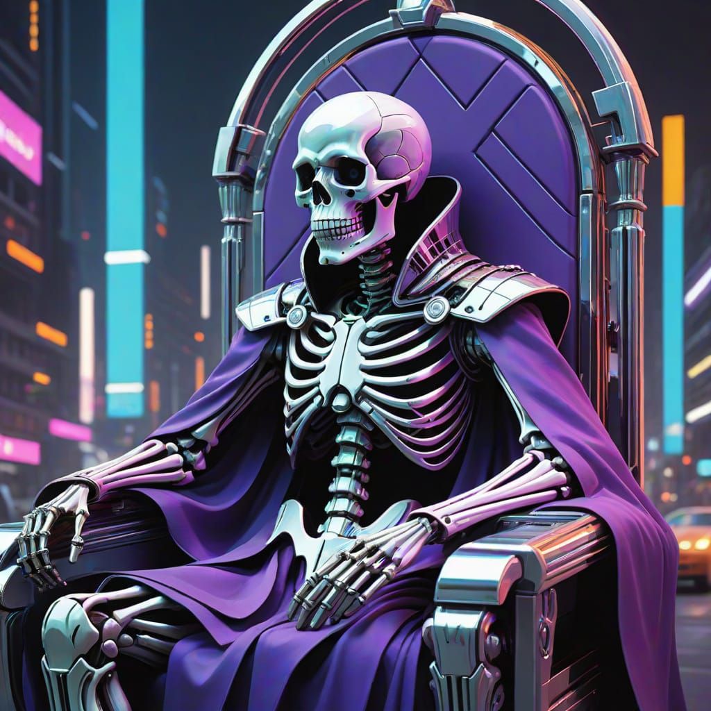 Regal Skeleton King on Chrome Throne in Retro-Futurist Style