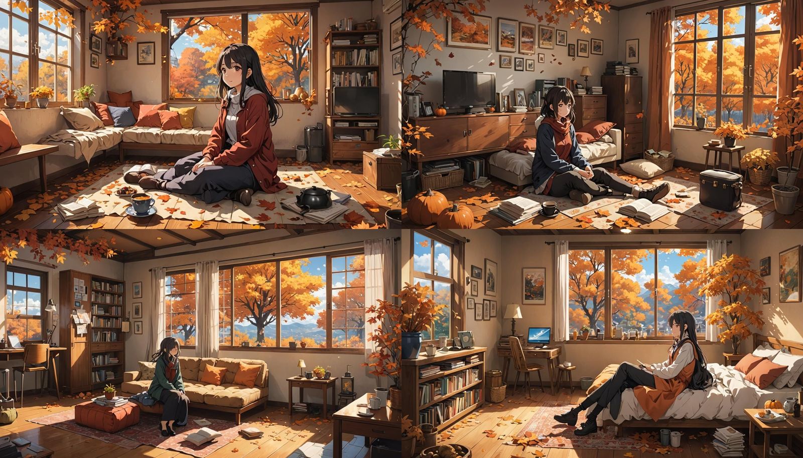 Girl in Warm Room on Autumn Day, Anime Style