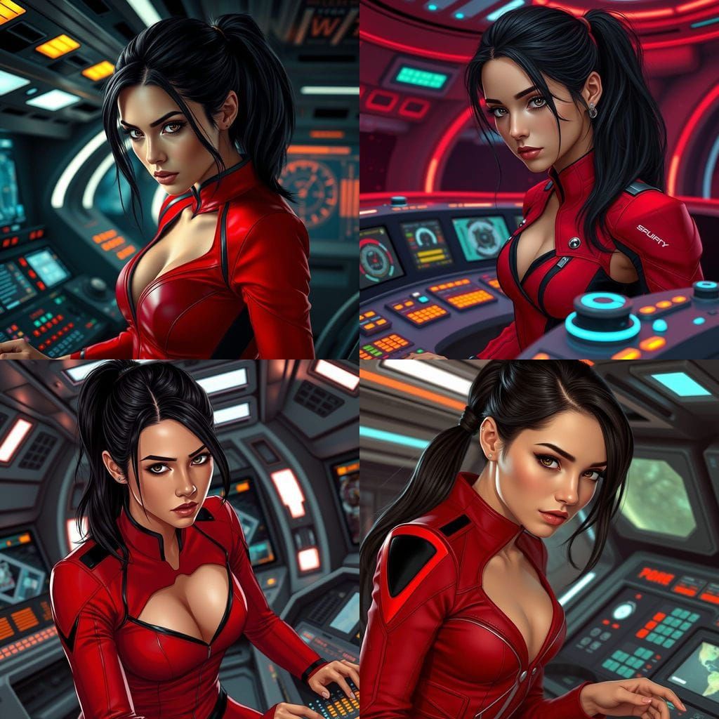 A Young Woman in a Futuristic Starship Control Room