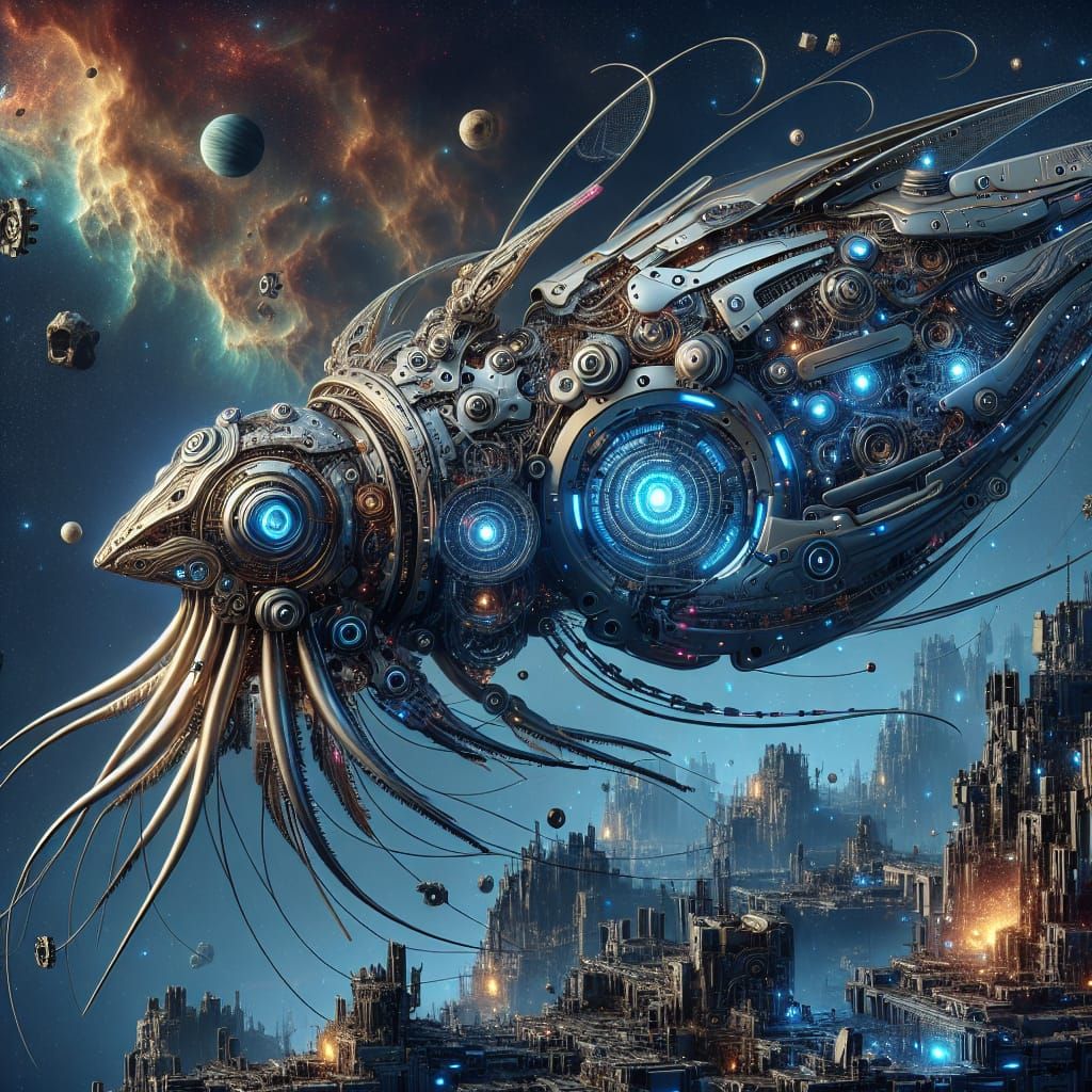 Robotic Nautiloid Squid in Space, Futuristic Concept Art