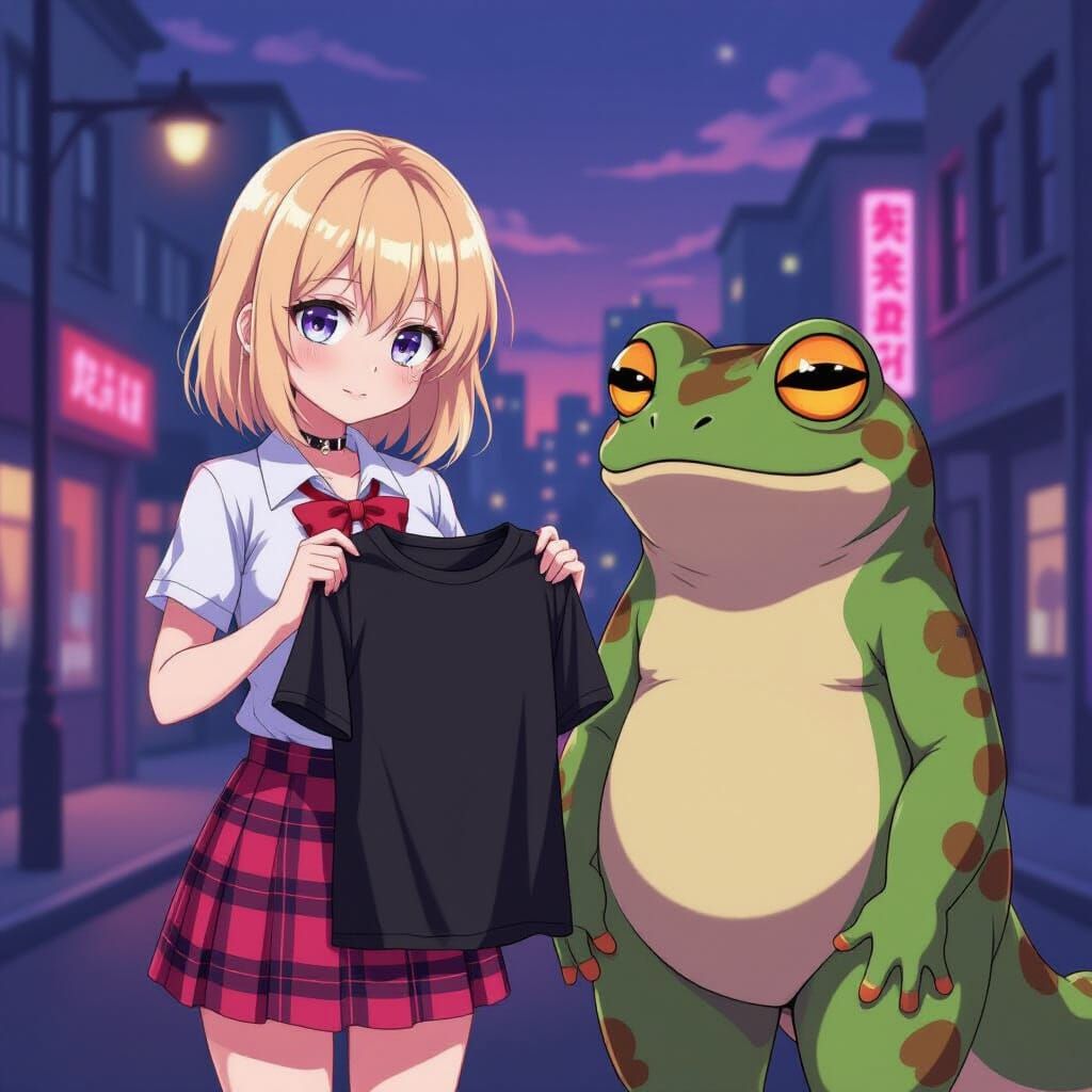 Anime Girl with Frog Monster in City at Dusk