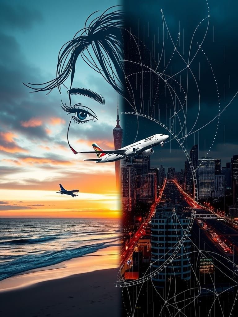 Striking Collage of Face, Plane, Cityscape, and Beach