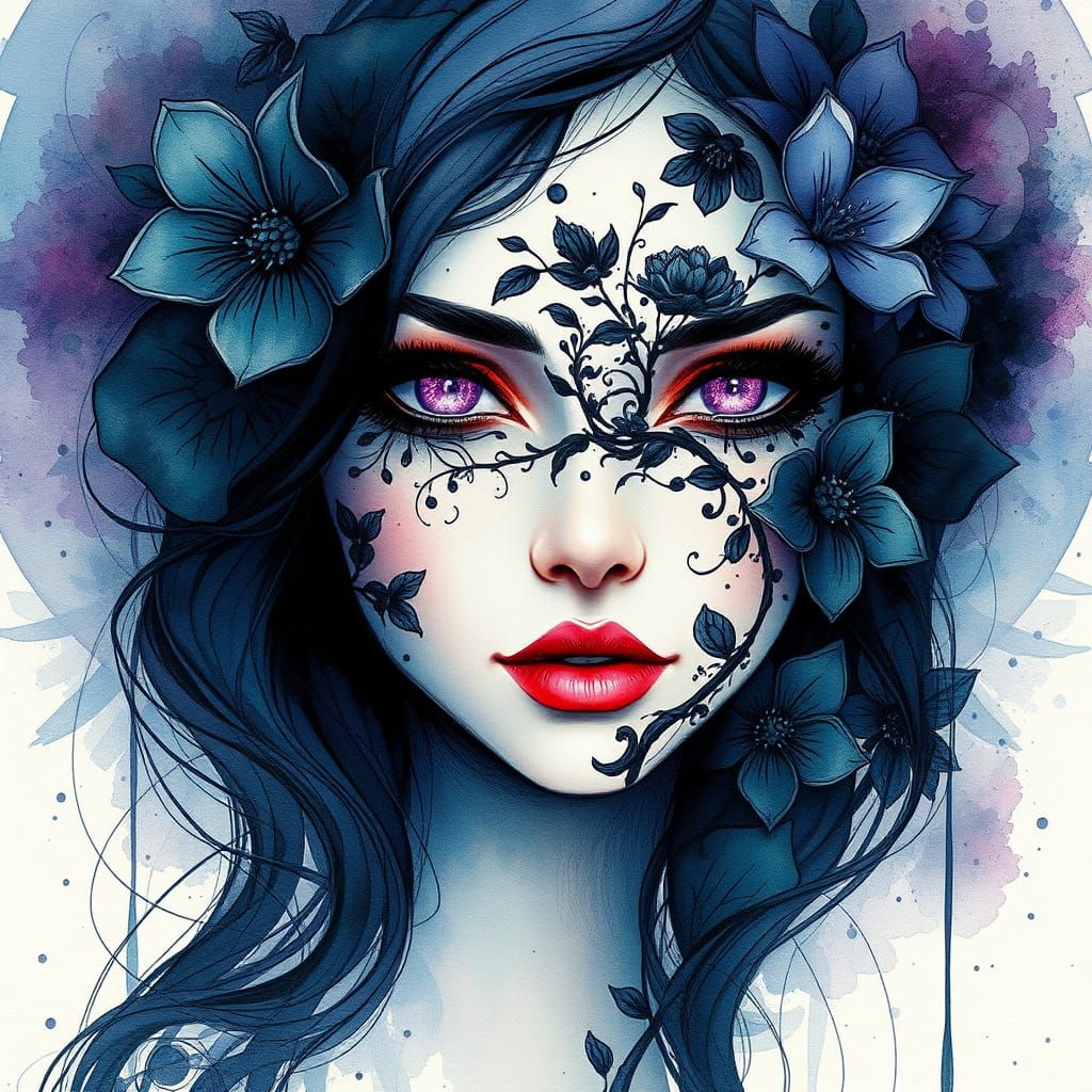 Enigmatic Watercolor Portrait of a Mysterious Woman in Art N...