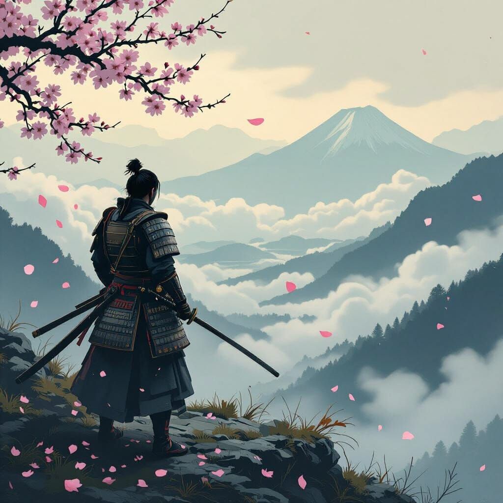 Samurai on Misty Peak Overlooking Cloud Valley in Ukiyo-e St...