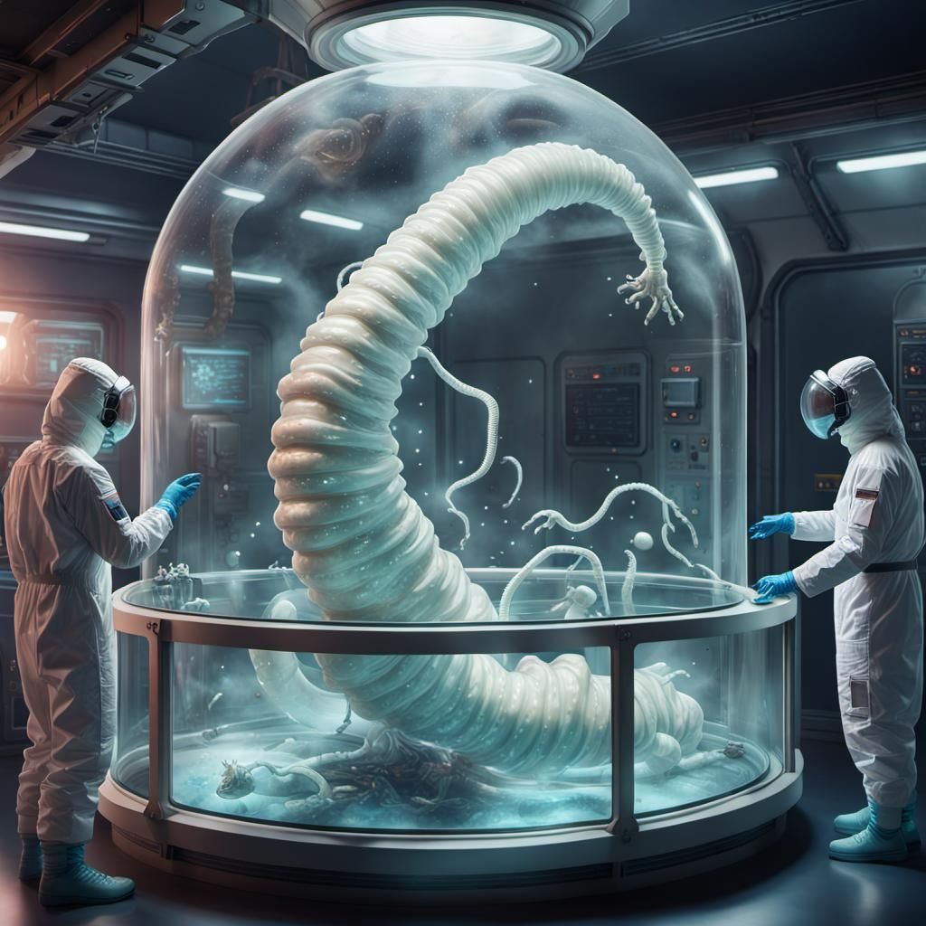 Scientists Observe Alien Specimen in Spaceship Lab