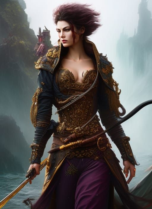 Feline Pirate Captain in Stormy Seas