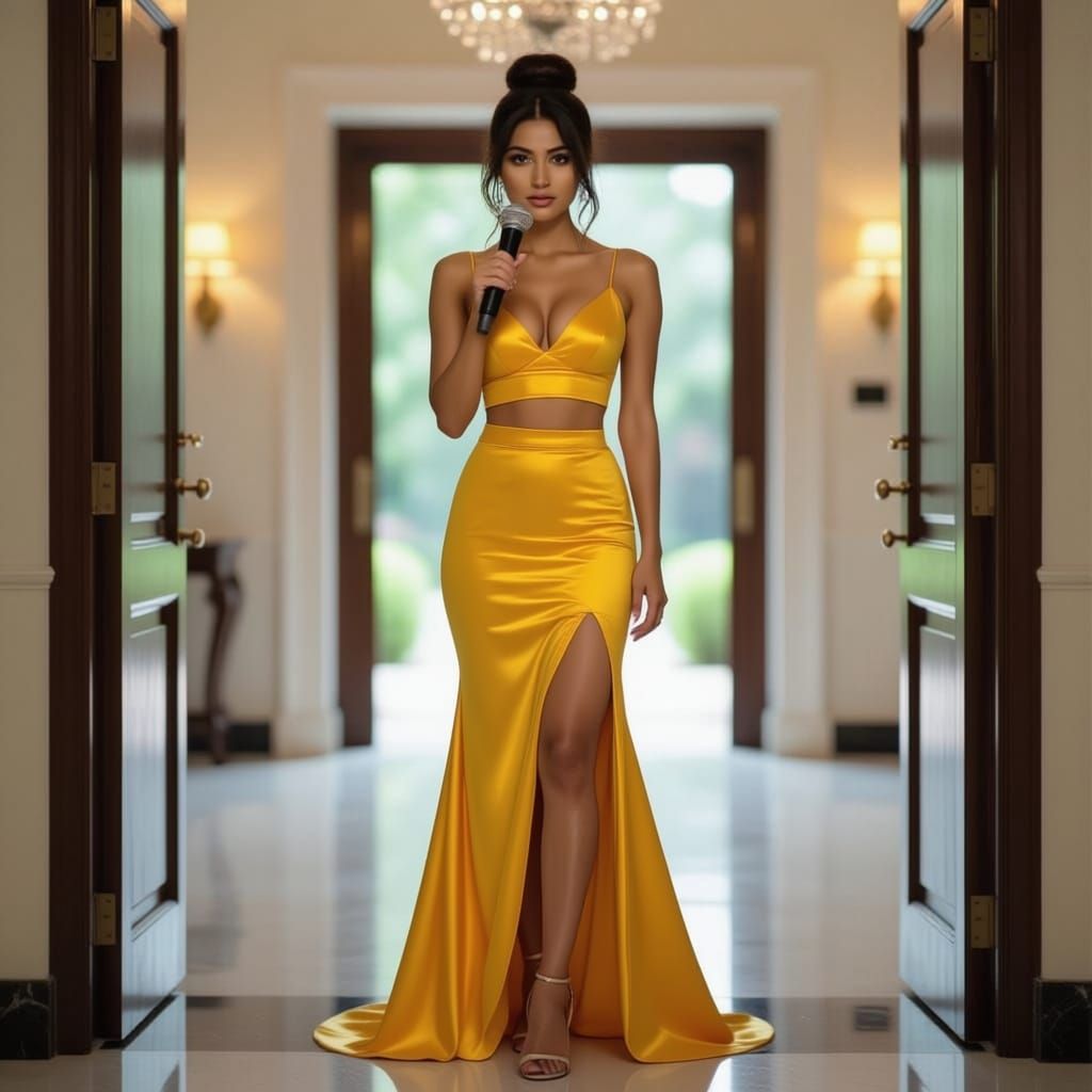 Stunning Indian Woman in Yellow Pencil Skirt at Doorway