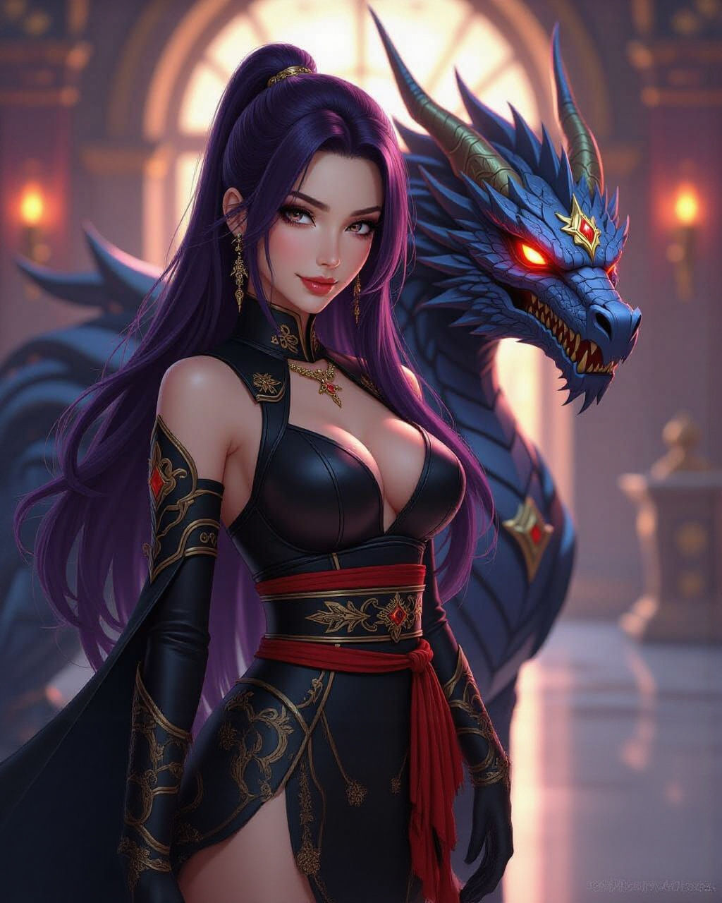 Elegant Cybernetic Woman with Mech-Dragon in Opulent Room