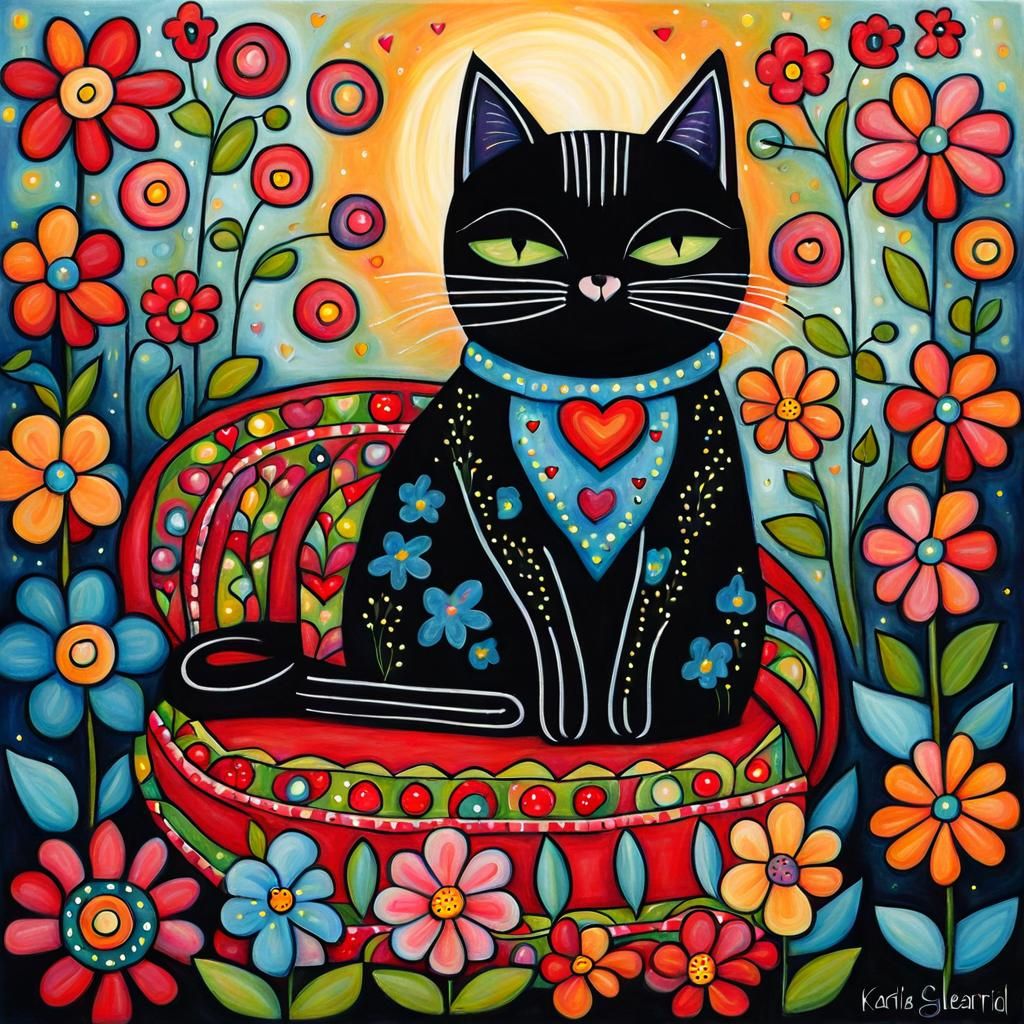 Cute Cat in Folk Art Garden