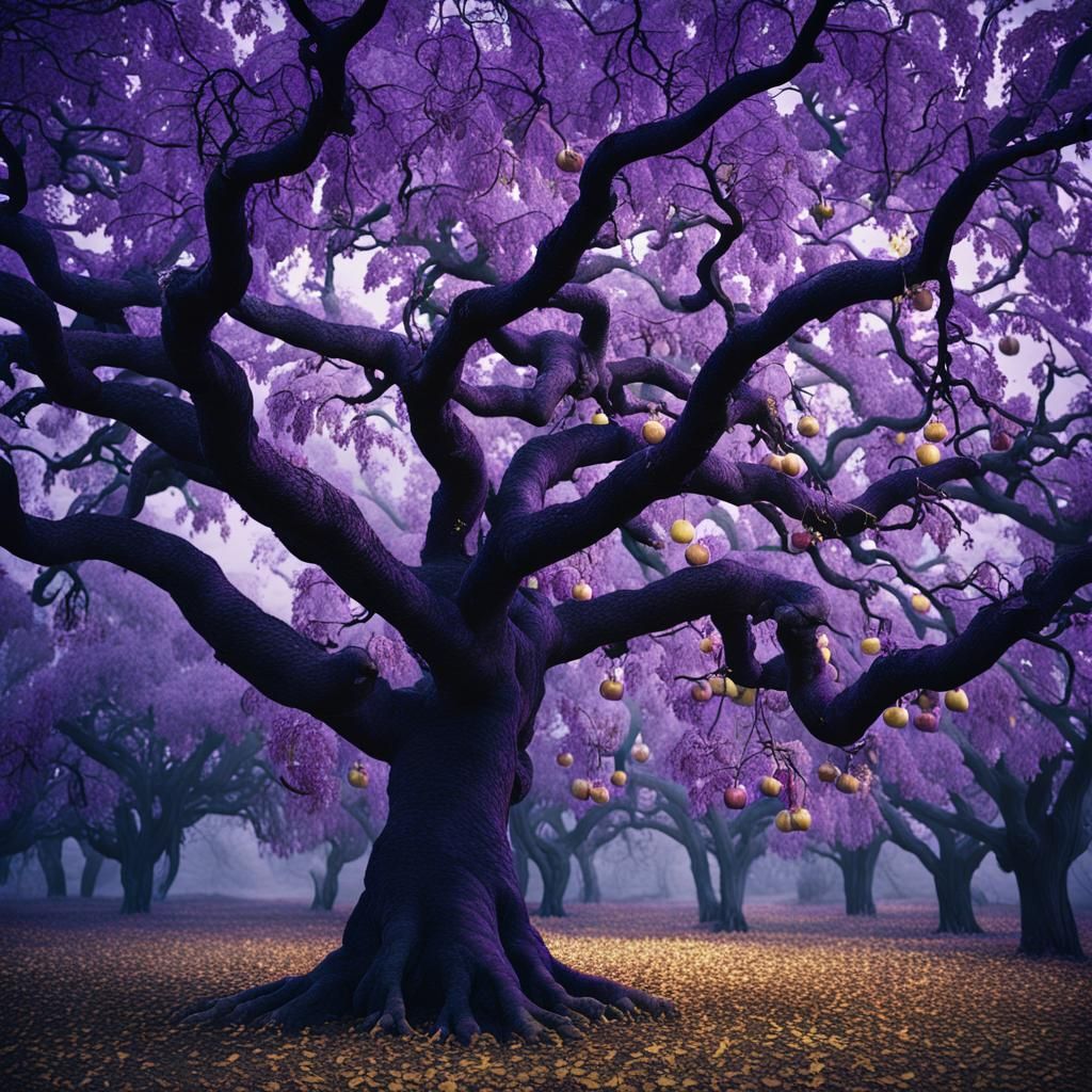 Cinematic Tree with Purple Leaves and Golden Apples
