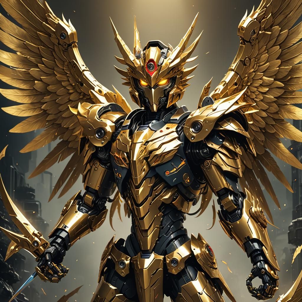 Golden Garuda Robot: Cel-Shaded Anime-Style Illustration