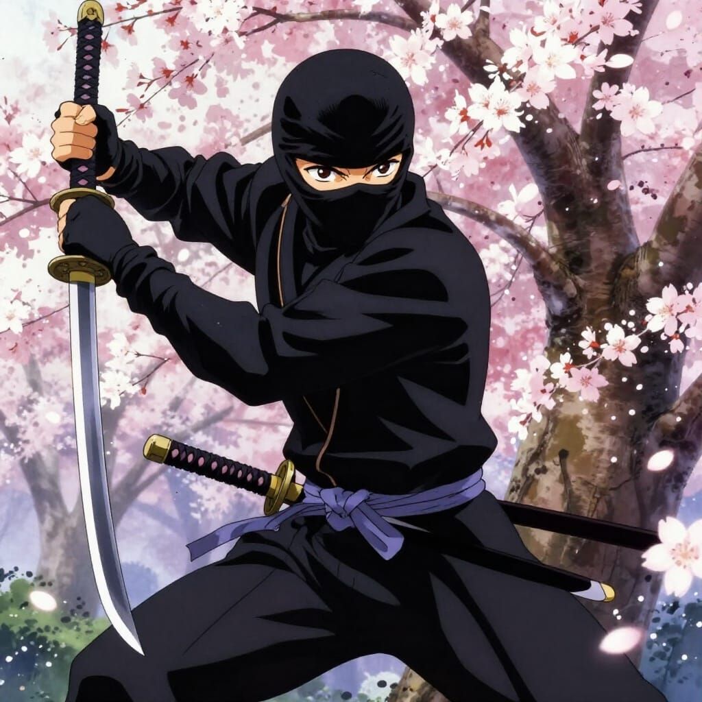 Stealthy Ninja Assassin in Cherry Blossom Anime Style