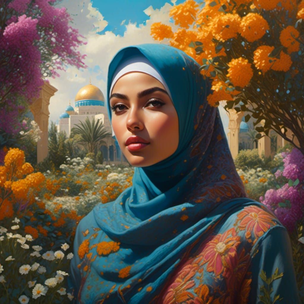 Woman in Hijab in Mystic Garden: Oil Painting