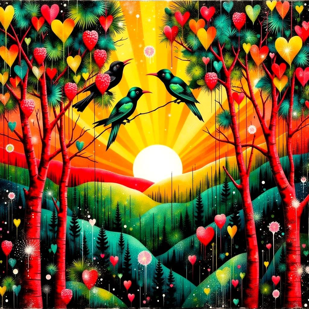 Vibrant Red and Green Art Deco Landscape with Splattered Pai...