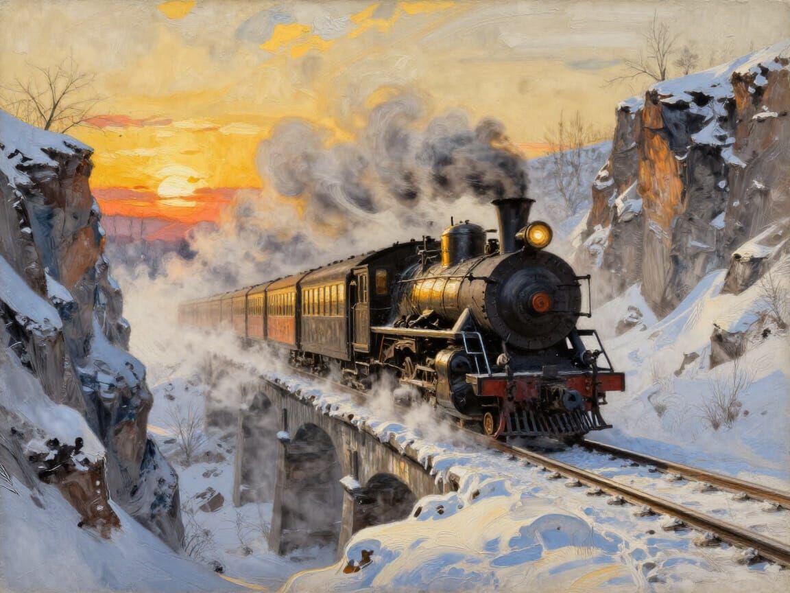 Steam Train on Icy Bridge at Sunset