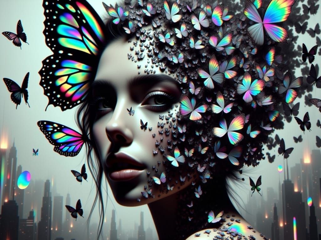 Fragmented Face Dissolving into Glitching Butterflies