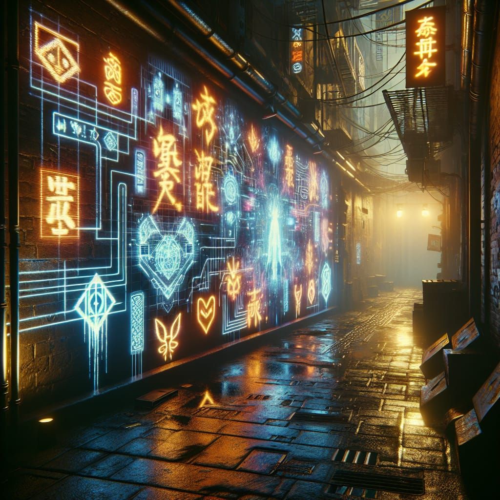 A gritty cyberpunk alley filled with flickering holographic graffiti, showcasing dynamic animations and glowing symbols