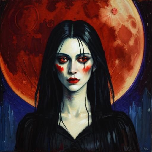 Vampire Girl Gazing at Blood Moon: Neo-Impressionist Oil Pai...
