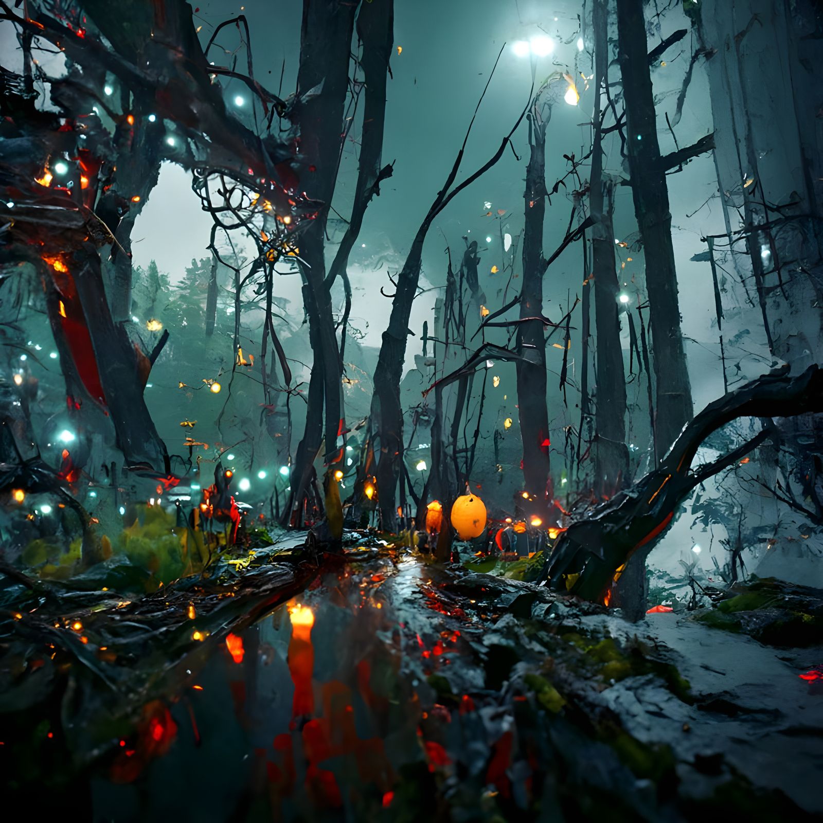 Mystical Forest with Strange Lights, Digital Illustration