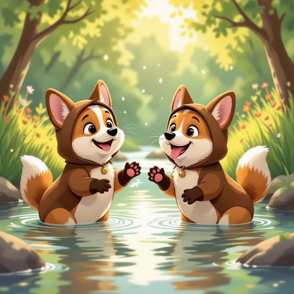 Adorable Corgis Dressed as Otters Playing in Stream