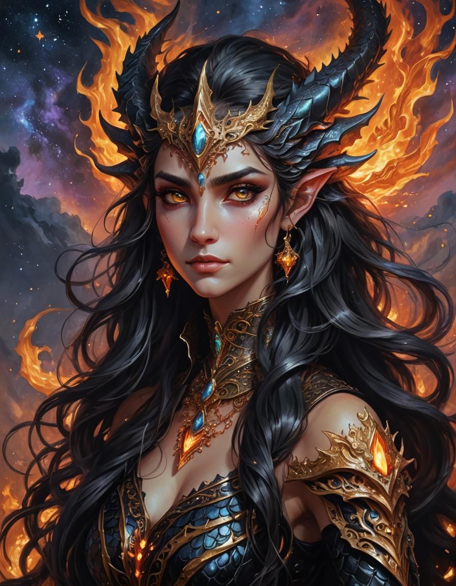 Dragon Fire Elf Portrait in Dark Fantasy Style