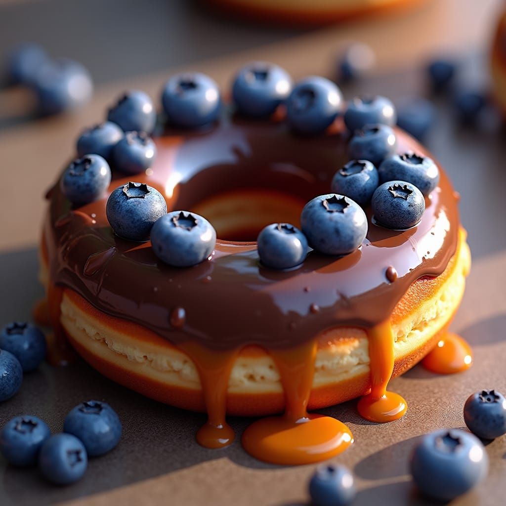 Delicious Donut with Chocolate, Blueberries, and Caramel