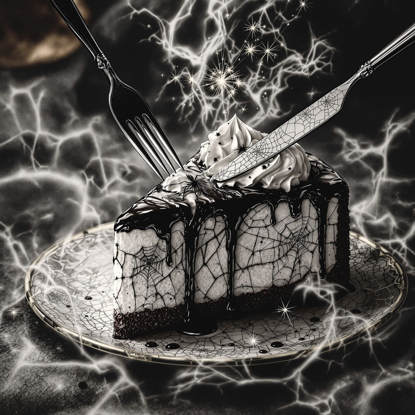 Intricate Cheesecake Drawing with Spiderweb Details