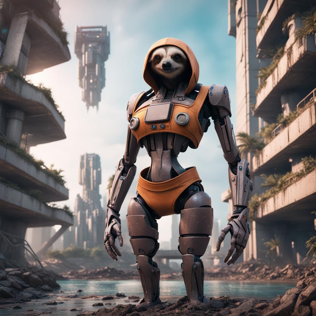 Robot Sloth Bikini in Dystopian Cityscape