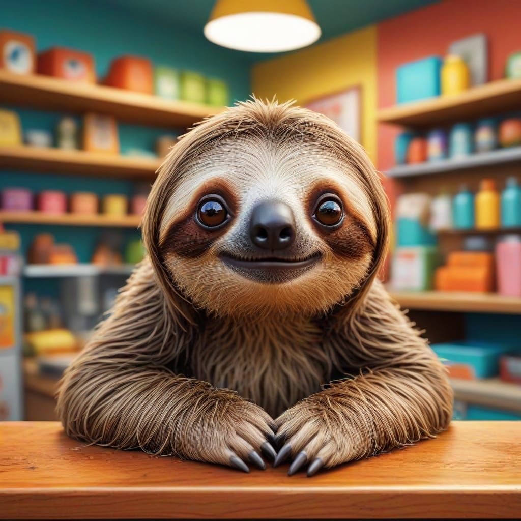 Whimsical Sloth Shopkeeper in Colorful Cartoon Style
