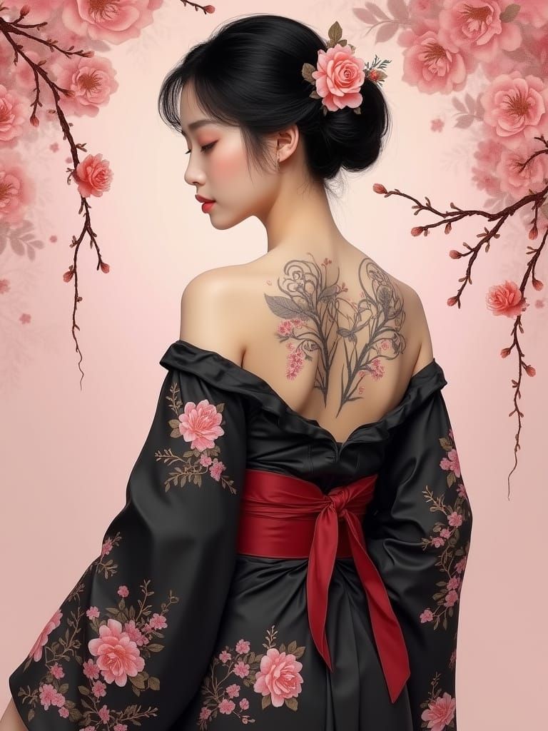 Asian Woman with Rose Tattoo in Kimono