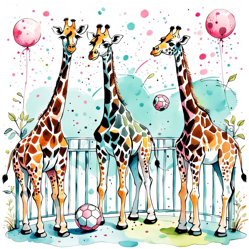 Giraffes Playing Ball: Whimsical Cartoon Illustration