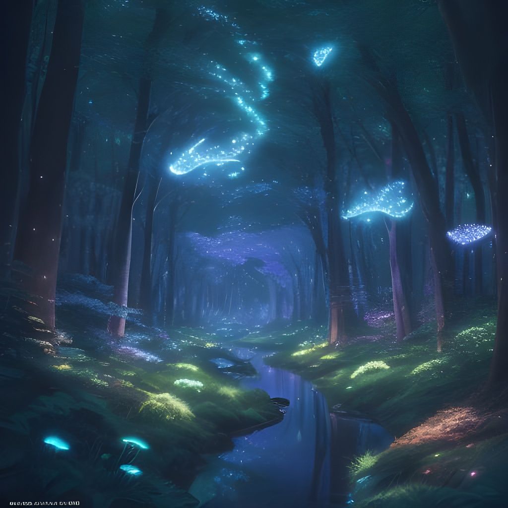 Enchanted Forest Illuminated by Bioluminescent Flies in Anim...