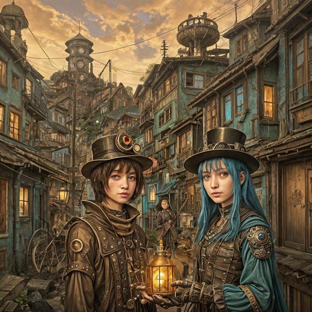 Steampunk Robot in Hundertwasser-Inspired Anime Slums