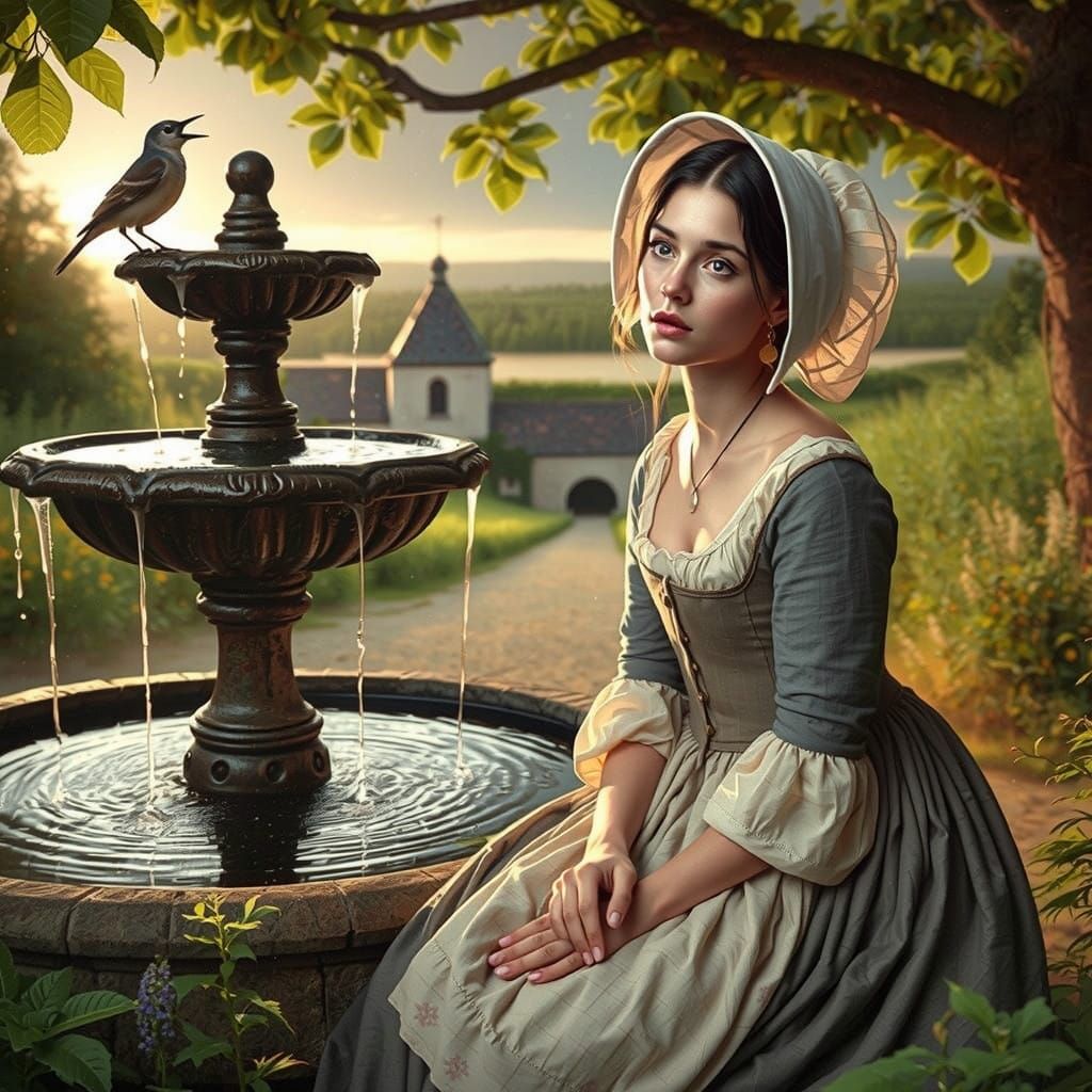 Young French Woman Contemplates by Serene Fountain in the Co...