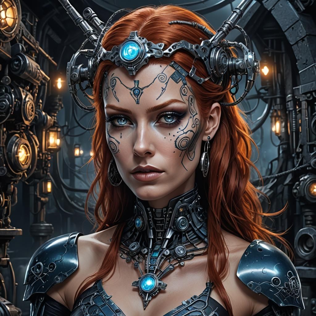 Redhead Cybernetic Witch in a Ruined Landscape