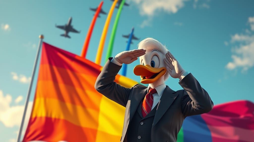 Formal Figure Salutes Under Rainbow Flag with Jets in Vibran...