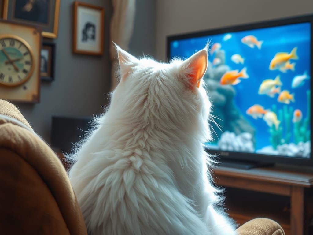 Cute White Cat Watches Fish TV