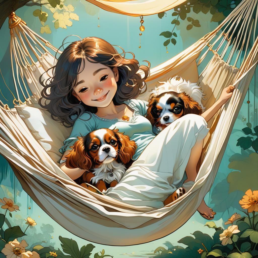 Girl and Dog in Hammock: Oil Portrait Illustration