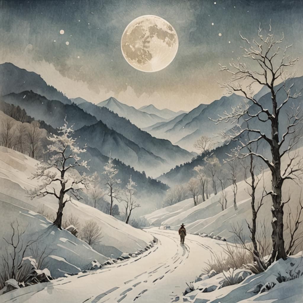 Traveler in Winter Landscape: Ukiyo-e Style Portrait