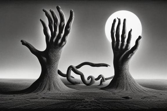 Surreal Landscape with Giant Hands, Cel-Shaded Style