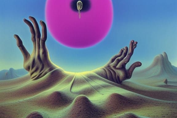 Surreal Twisted Landscape with Giant Hands