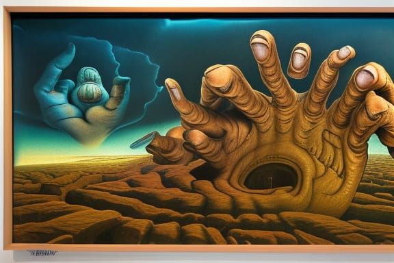 Surreal Landscape with Giant Hands, Cel-Shaded Style