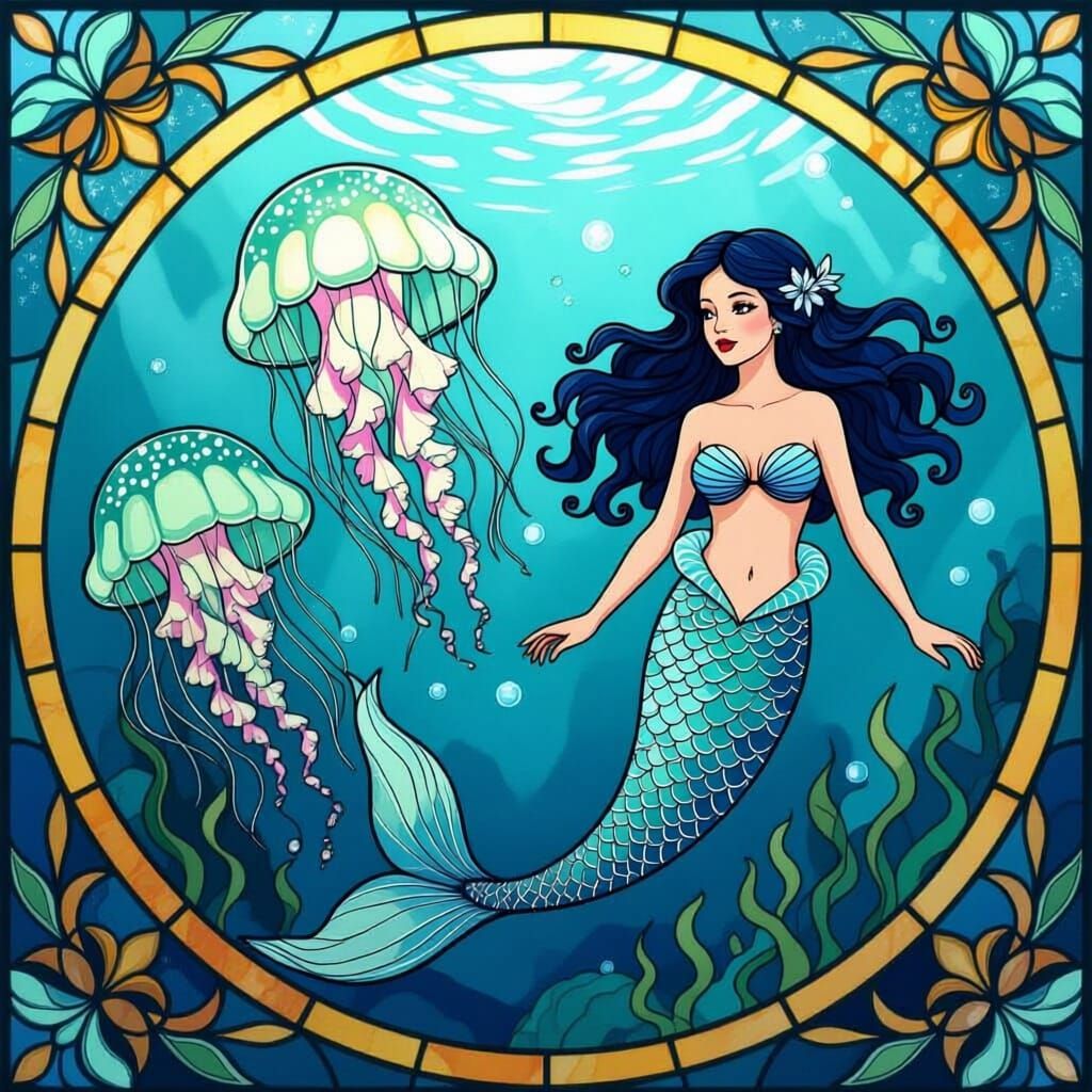 Stained Glass Art: Mermaid and Jellyfish Underwater Scene