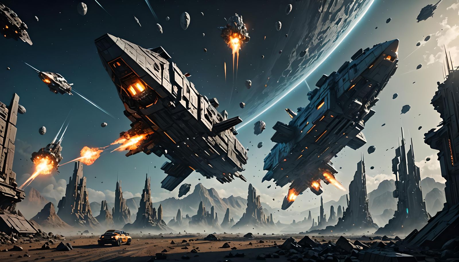 Futuristic Spaceships Fall from Sky: Digital Matte Painting