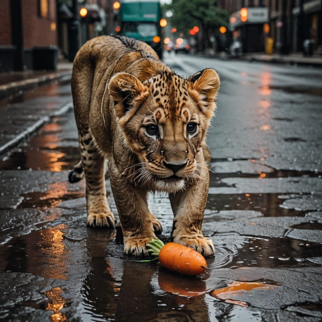 Lion Cub Sniffs Giant Carrot in Rainy New York