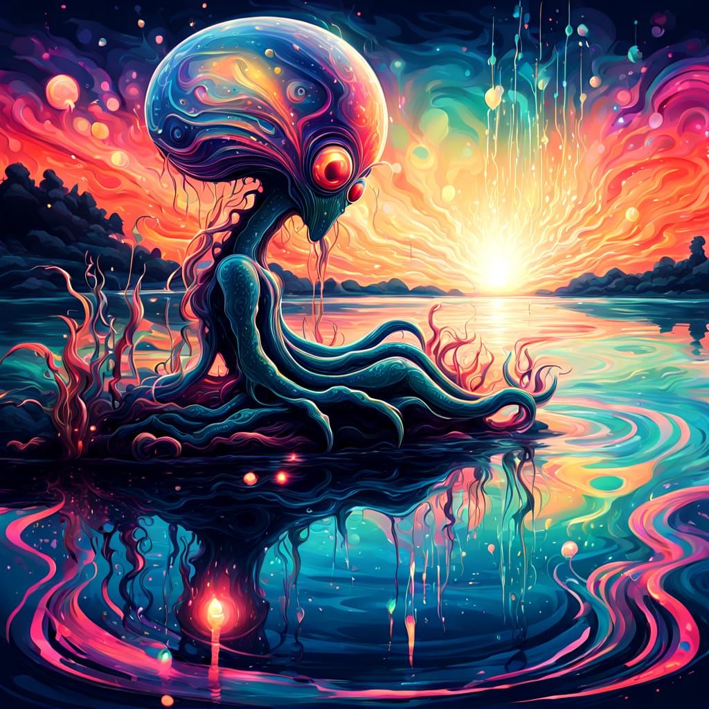 Surreal Alien Goddess with Iridescent Skin and Triadic Color...