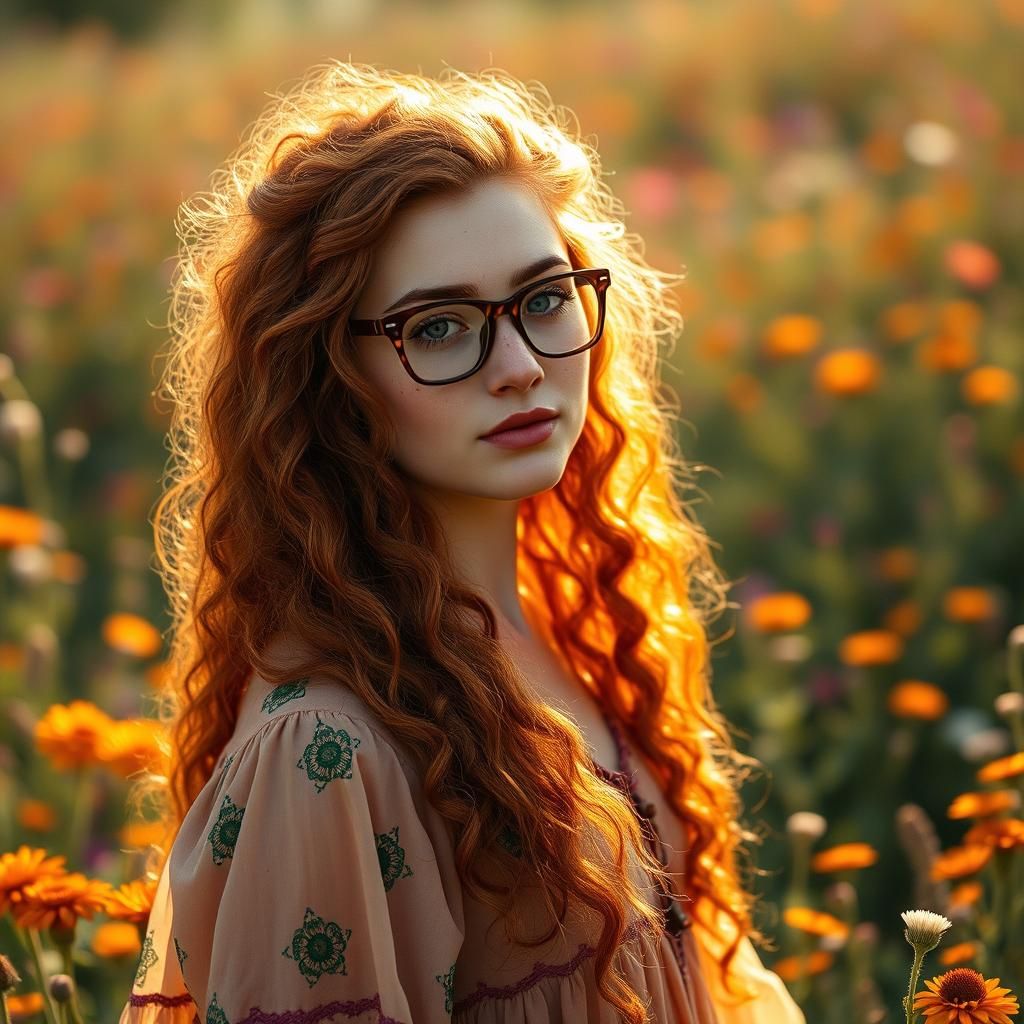 Bohemian Woman with Red Hair in Wildflower Field