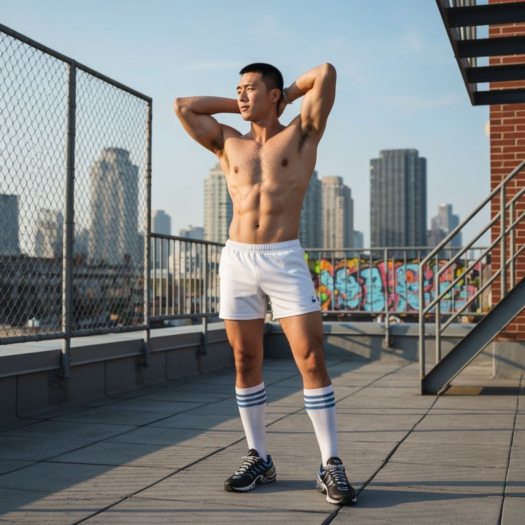Athletic Korean Man on City Rooftop at Sunset