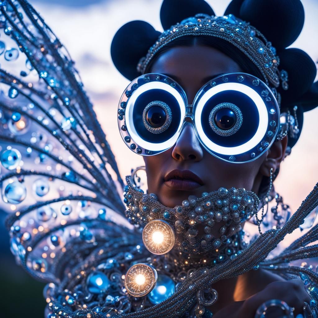 Woman with Googly Eyes in Glass Dress