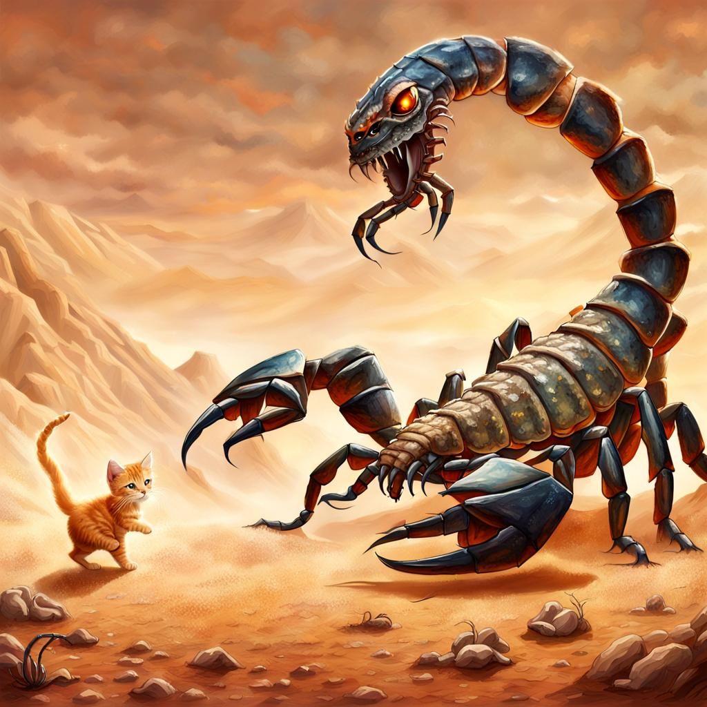 fantasy illustration, perfect tiny orange kitten attacking (giant monster scorpion,: 1.5) background desert, dramatic ac...